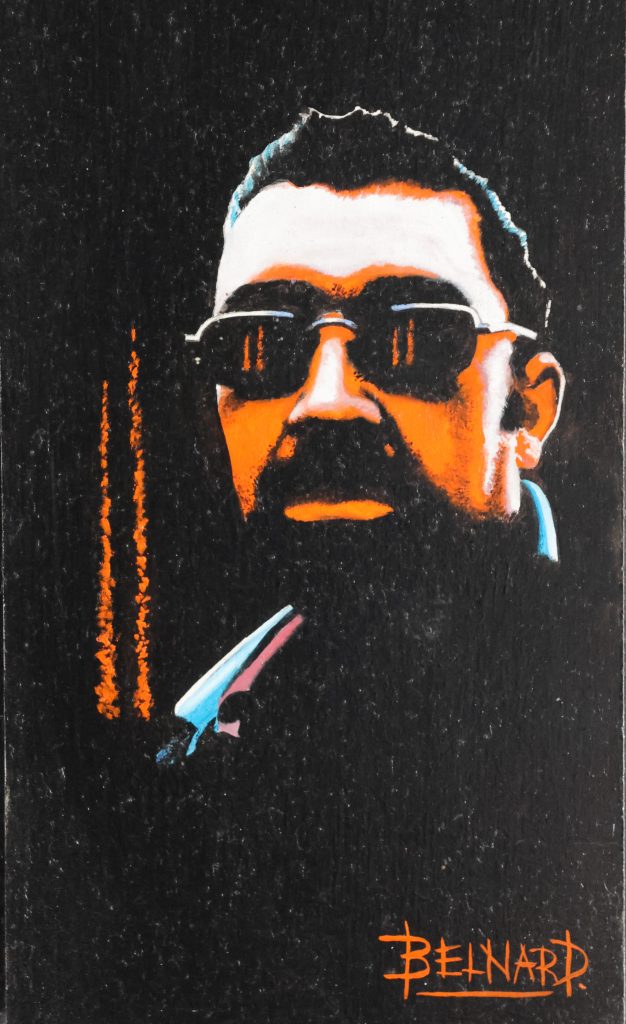 Autoportrait d’Olivier Belnard aux tons noir, orange et bleu — huile sur toile