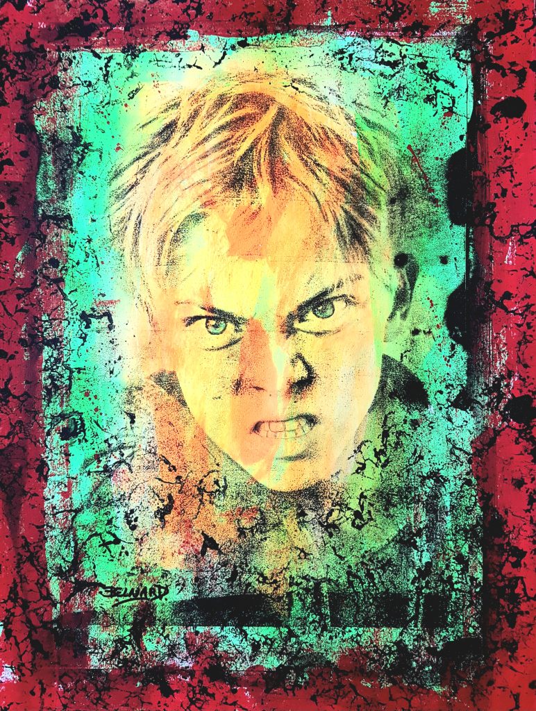Portrait garçon au regard furieux, tons turquoise, jaune fluo et rouge, série Angry – œuvre d’Olivier Belnard