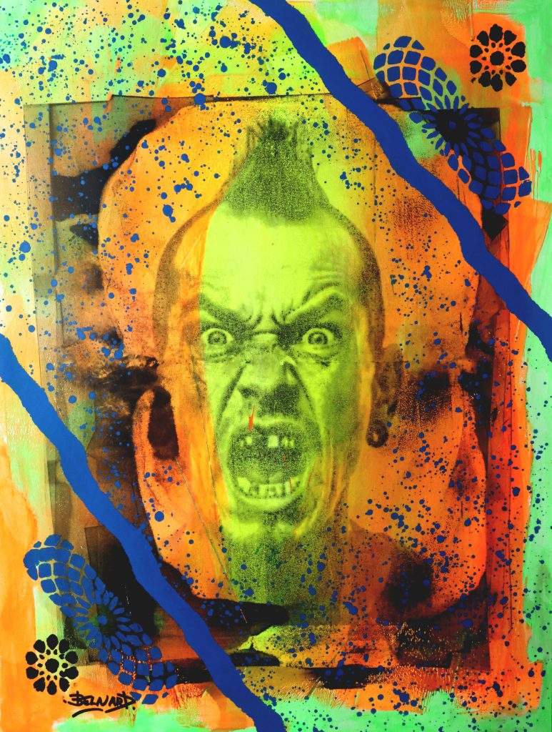 Portrait masculin hurlant aux tons vert fluorescent et orange fluorescent traversé de lignes bleues, série Angry – œuvre d’Olivier Belnard