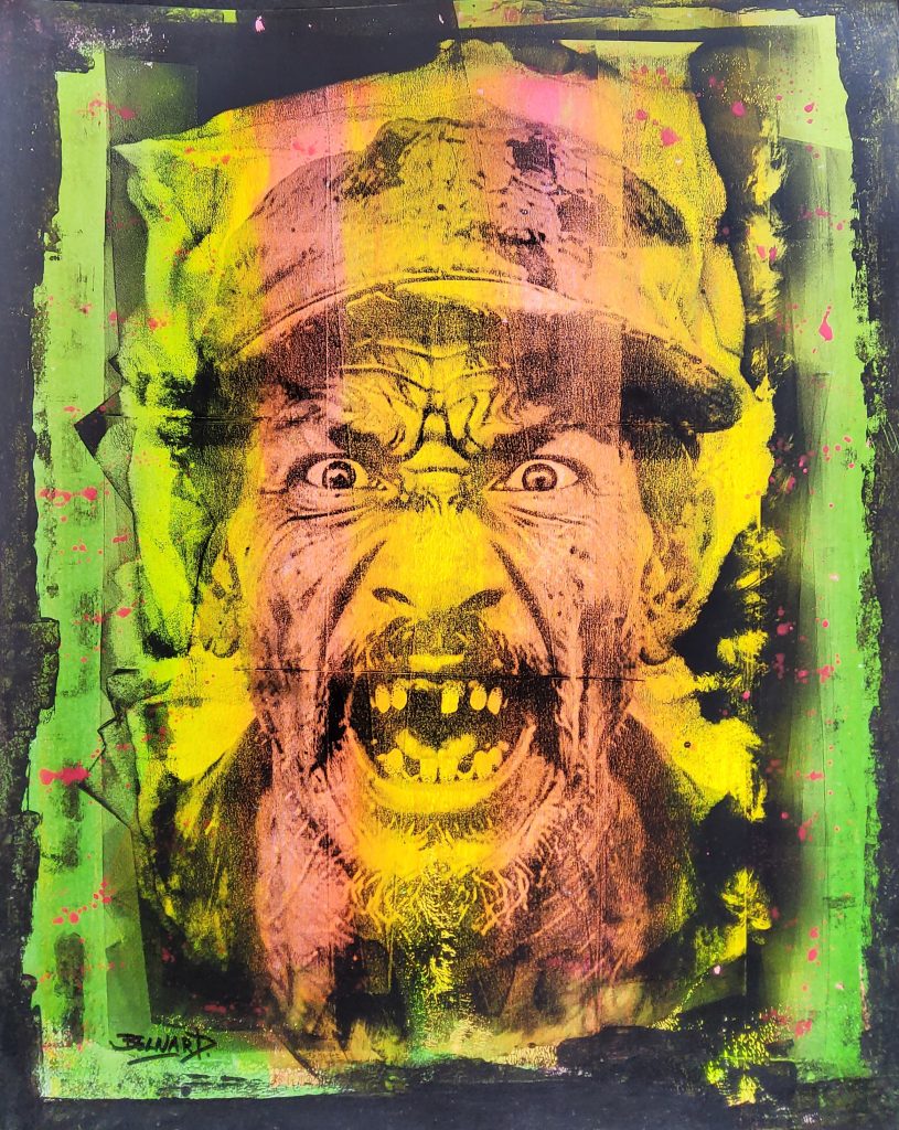 Portrait masculin rageant aux tons jaune fluo, vert fluo et rose fluo, série Angry – œuvre d’Olivier Belnard
