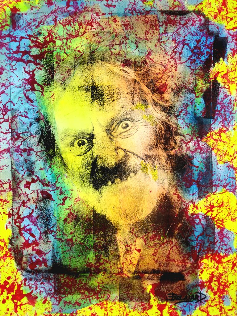 Portrait d’homme barbu au regard démesuré, tête inclinée, dans une composition bleue, rouge et jaune — série CRAZY.