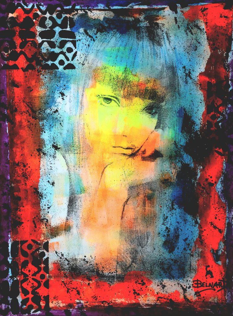 Portrait féminin au visage partiellement voilé par des matières bleues, rouges et orangées, regard intense — série MUSES.