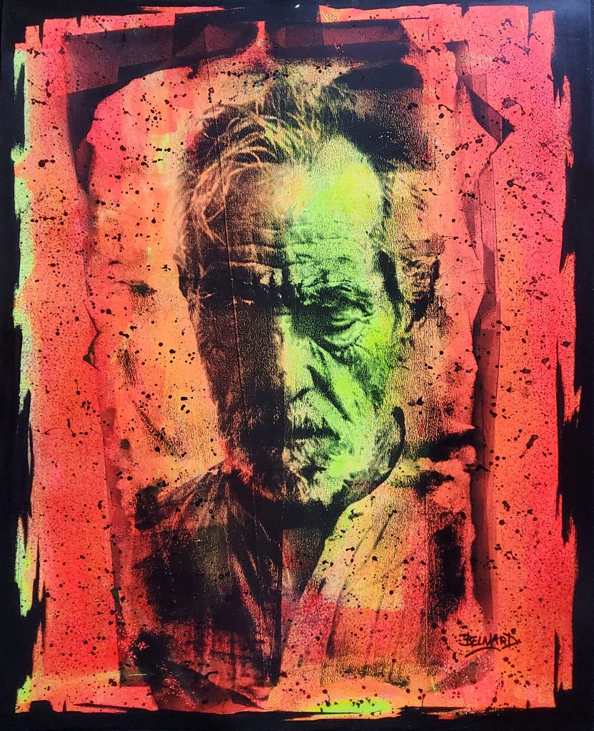 SILENCE — portrait de vieil homme méditatif rouge et noir — Olivier Belnard