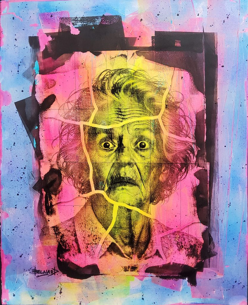 Portrait d’une femme âgée au visage sidéré, composition rose et jaune – série STUPEFIED, Olivier Belnard