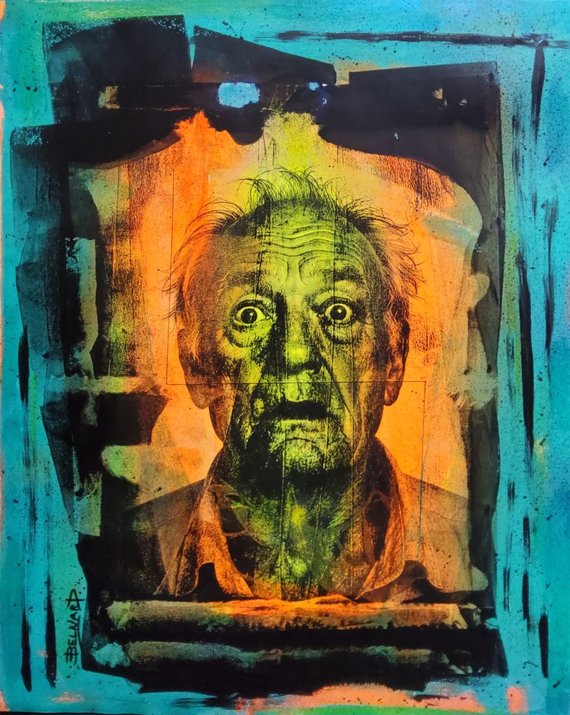 Portrait d’un homme âgé au regard sidéré, tons orange, turquoise et jaune – série STUPEFIED, Olivier Belnard