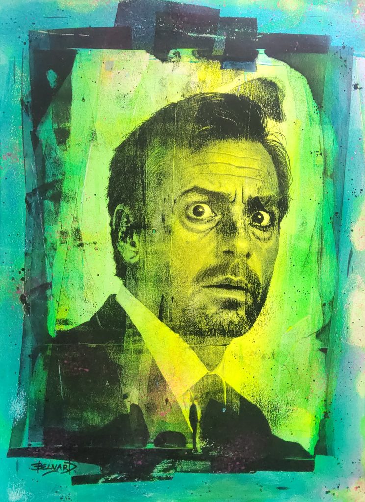 Portrait d’un homme en costume au regard stupéfait, tons verts et turquoise – série STUPEFIED, Olivier Belnard